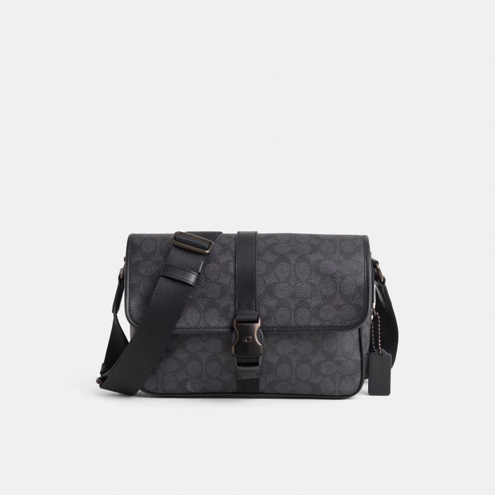 COACH®,Restored League Messenger Bag In Signature Canvas,Canvas,Leather,Messenger Bag,Plastic,Adjustable,Casual,Gray,Front View