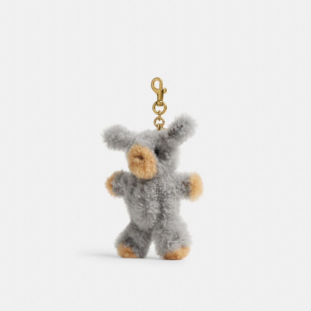 COACH®,Fuzzy Bag Charm In Shearling,Shearling,Soft Wool,Bag Charm,Shearling,Pendant,Embellished,Key Ring,Brass,Gray,Front View
