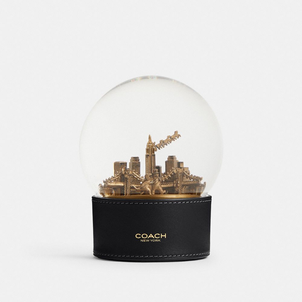 COACH®,Snow Globe With Rexy And Snowman,Figurine,Globe,Snowglobe,Metal Material,Glass,Gold Metal,Black,Front View