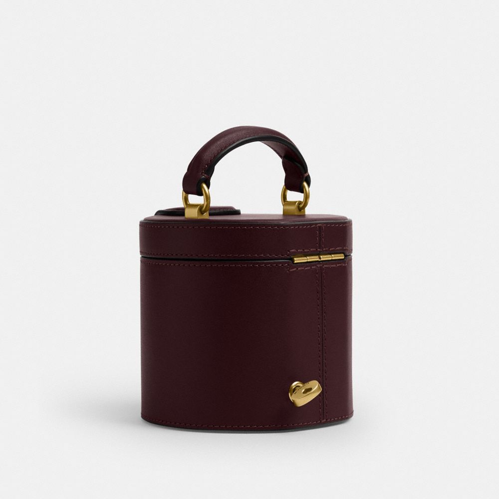 COACH®,Jewelry Box,Jewelry Box,Leather,Rhinestones,3D Embellishment,Mirror Included,Rotates,Brass,Maroon,Back View