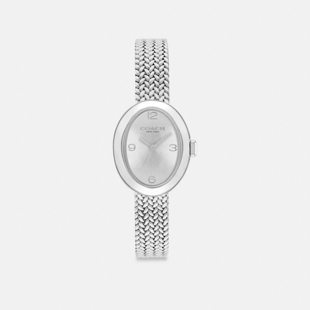 COACH®,Sammy Watch, 22 Mm,Analog,Mineral,Crystal,Textured,Word Embellishment,Logo,Mesh,Water Resistant,Stainless Steel,Work,,Front View