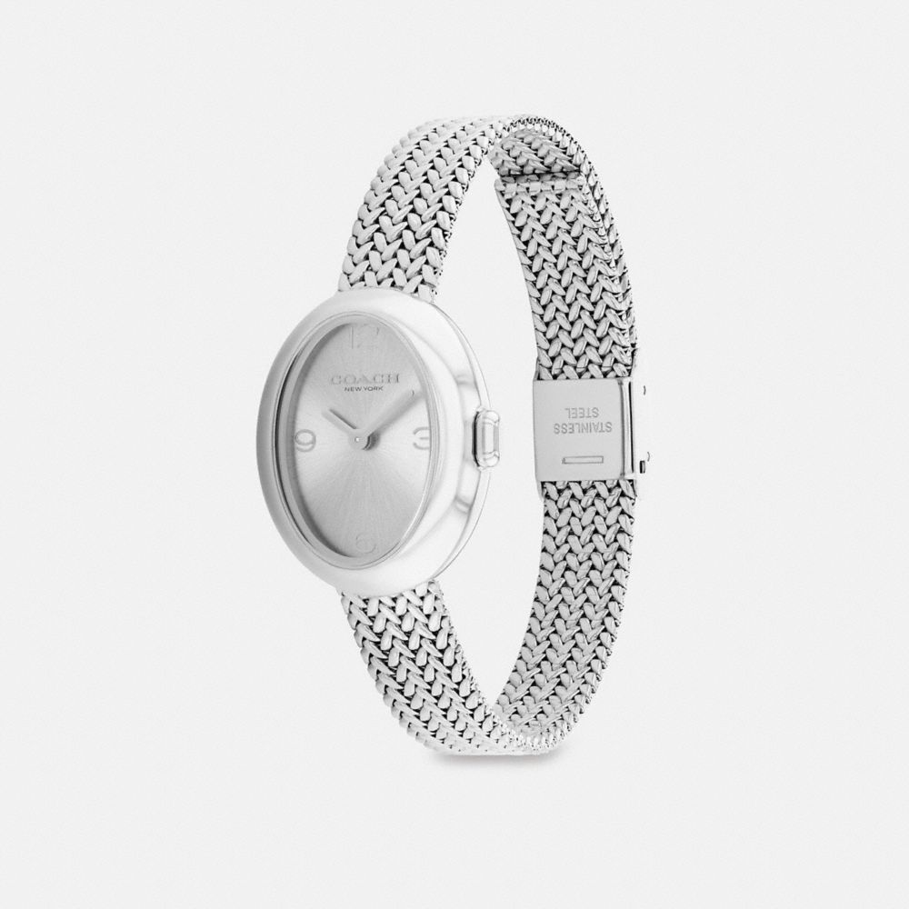 COACH®,Sammy Watch, 22 Mm,Analog,Mineral,Crystal,Textured,Word Embellishment,Logo,Mesh,Water Resistant,Stainless Steel,Work,,Angle View