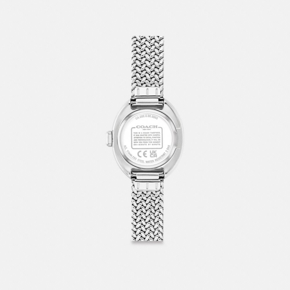 COACH®,Sammy Watch, 22 Mm,Analog,Mineral,Crystal,Textured,Word Embellishment,Logo,Mesh,Water Resistant,Stainless Steel,Work,,Back View