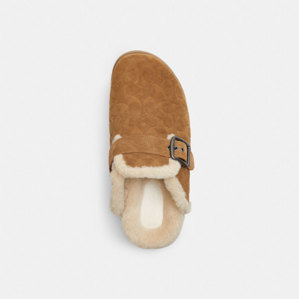 COACH®,Buckle Clog In Signature,Rubber,Suede,Shearling,Clogs,Logo,Arch Support,Traction,Casual,Brown,Inside View,Top View