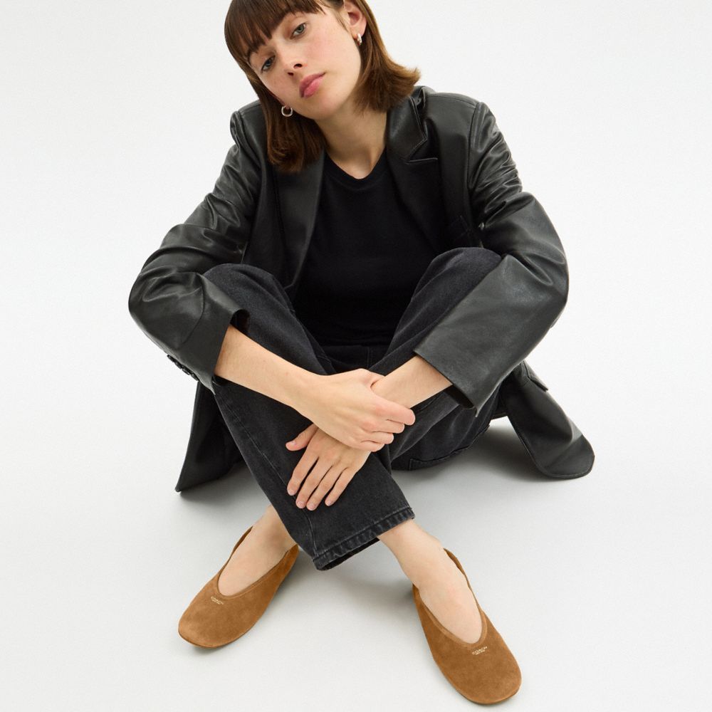 COACH®,Houston Ballet Flat,Rubber,Vegan Leather,Suede,Faux Leather,Lining Fabric,Synthetic,Ballet Flats,Cushioned,Padded I...,Brown,Detail View