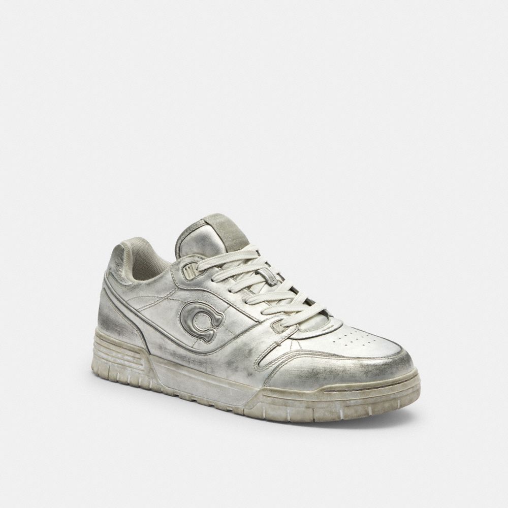 COACH®,Soho Sneaker In Distressed Metallic Leather,Silver,Front View