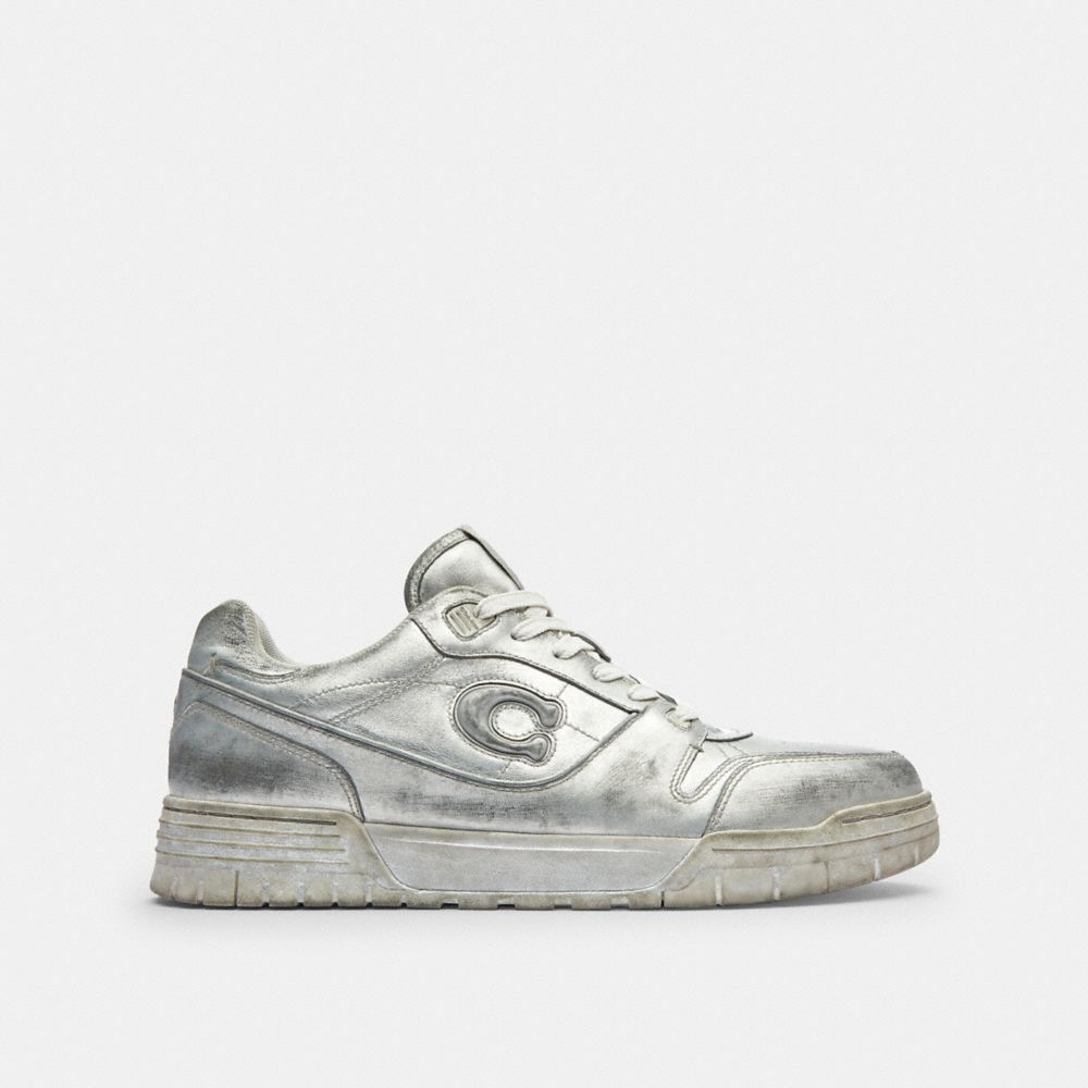 COACH®,Soho Sneaker In Distressed Metallic Leather,Silver,Angle View