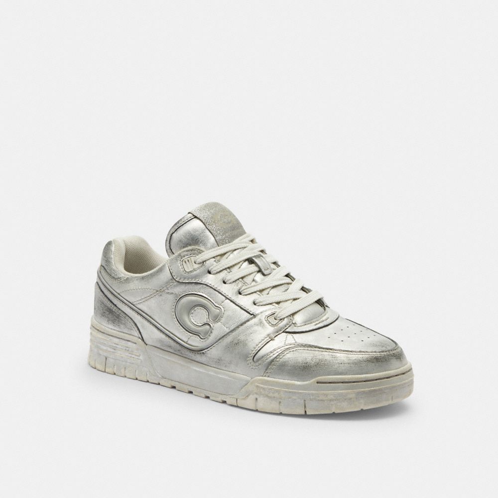 COACH®,Soho Sneaker In Distressed Metallic Leather,Rubber,EVA,Leather,Recycled Polyester,Polyester,Casual,Low Top,Plastic,...,Silver,Front View