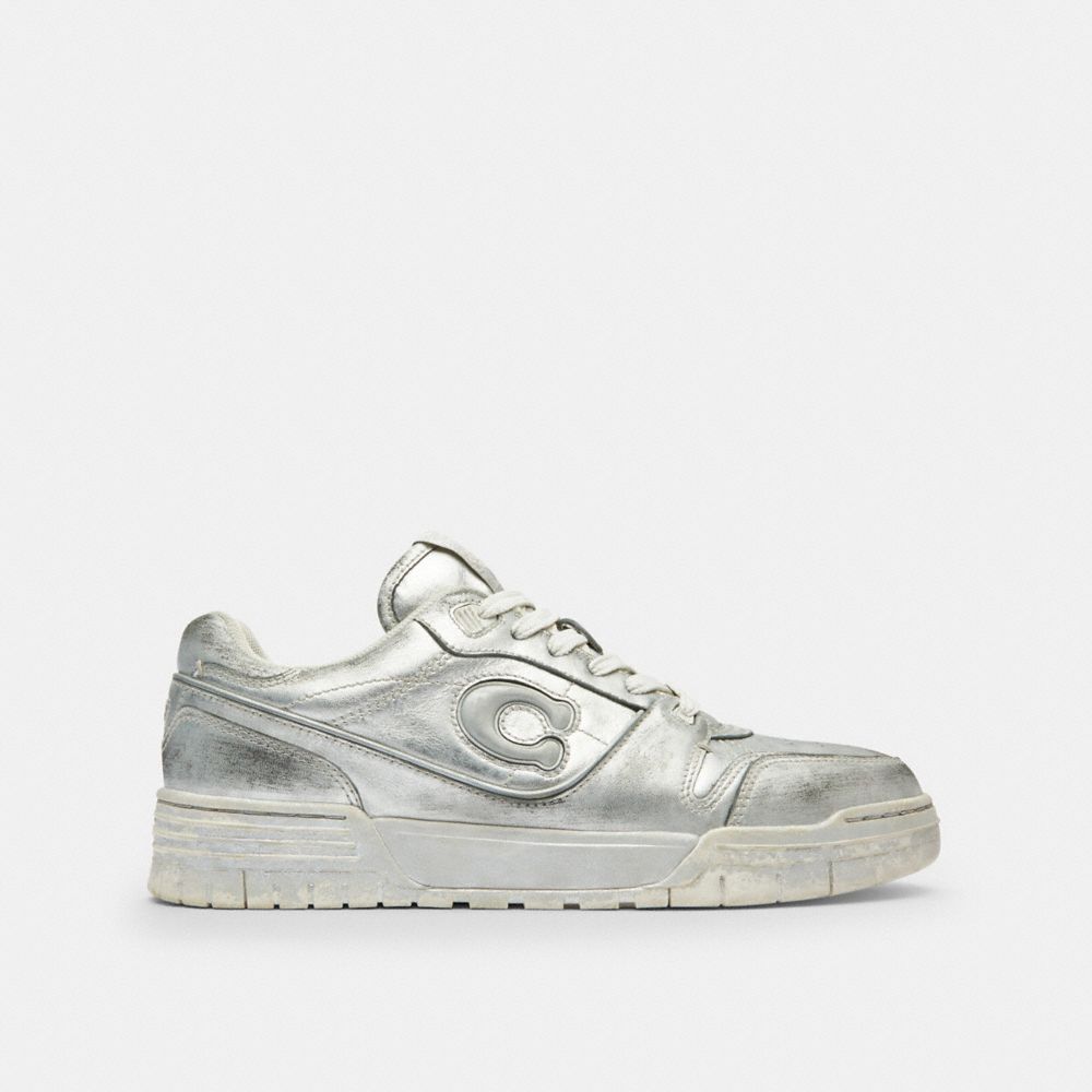 COACH®,Soho Sneaker In Distressed Metallic Leather,Rubber,EVA,Leather,Recycled Polyester,Polyester,Casual,Low Top,Plastic,...,Silver,Angle View