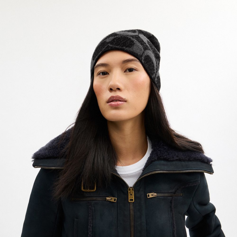 COACH®,Maxi Signature Knit Beanie,Gray,Detail View