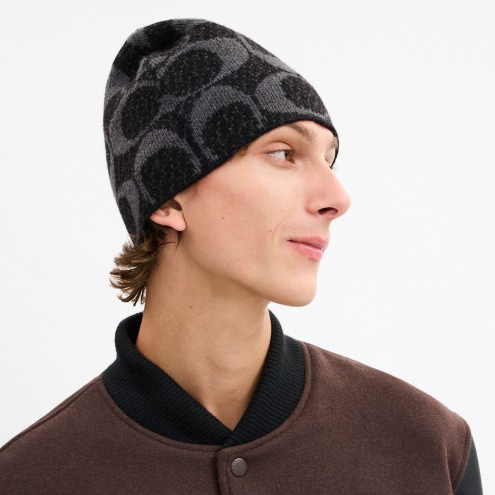 COACH®,Maxi Signature Knit Beanie,Gray,Angle View