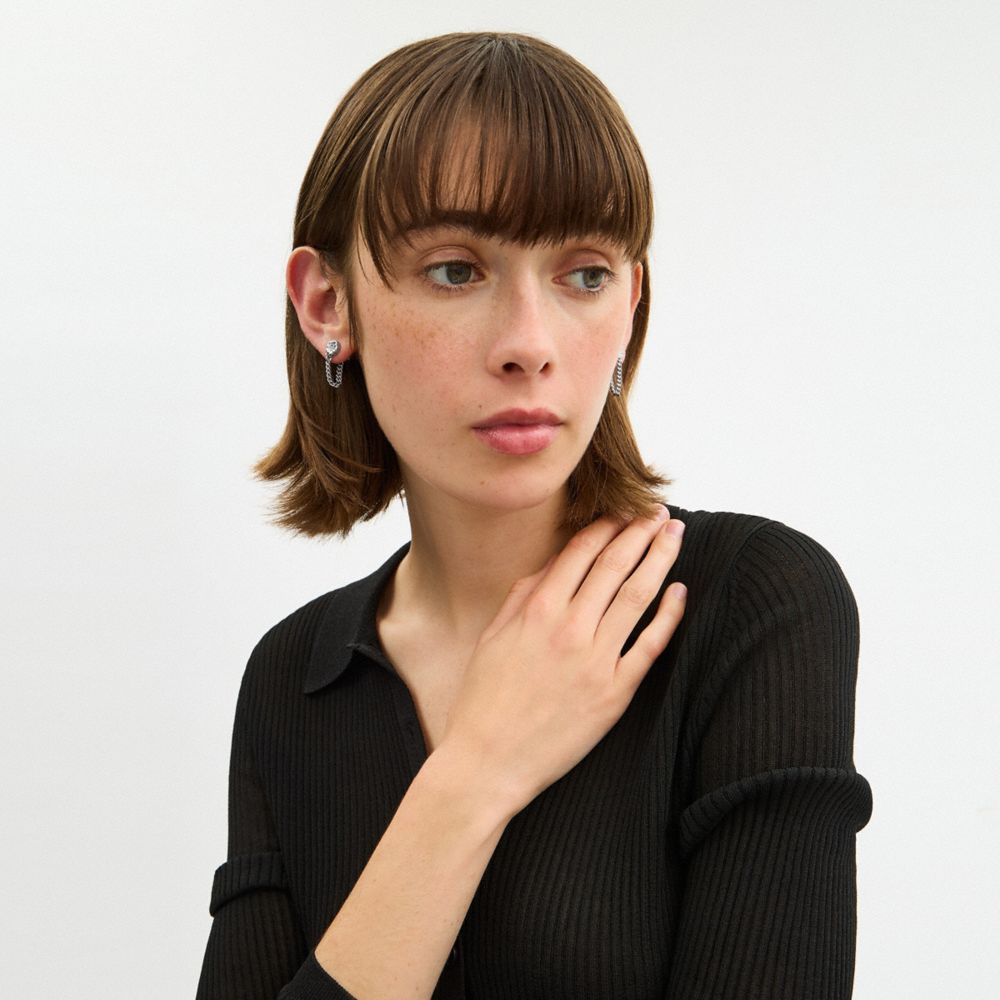 COACH®,Tea Rose Chain Earrings,Studs,Earring Back,Ear Jacket,Glass,Cubic Zirconia,Crystal,Rhinestones,Chain Link,Stones,Ch...,Clear,Detail View