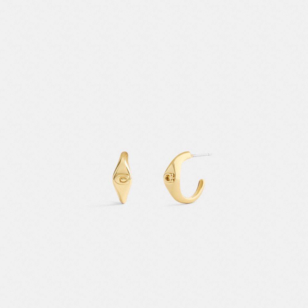 COACH®,Signet Signature Huggie Earrings,Huggies,Hoops,Cubic Zirconia,Lettering Word,Stones,Etchings,Engraving,Logo,Initial...,,Front View