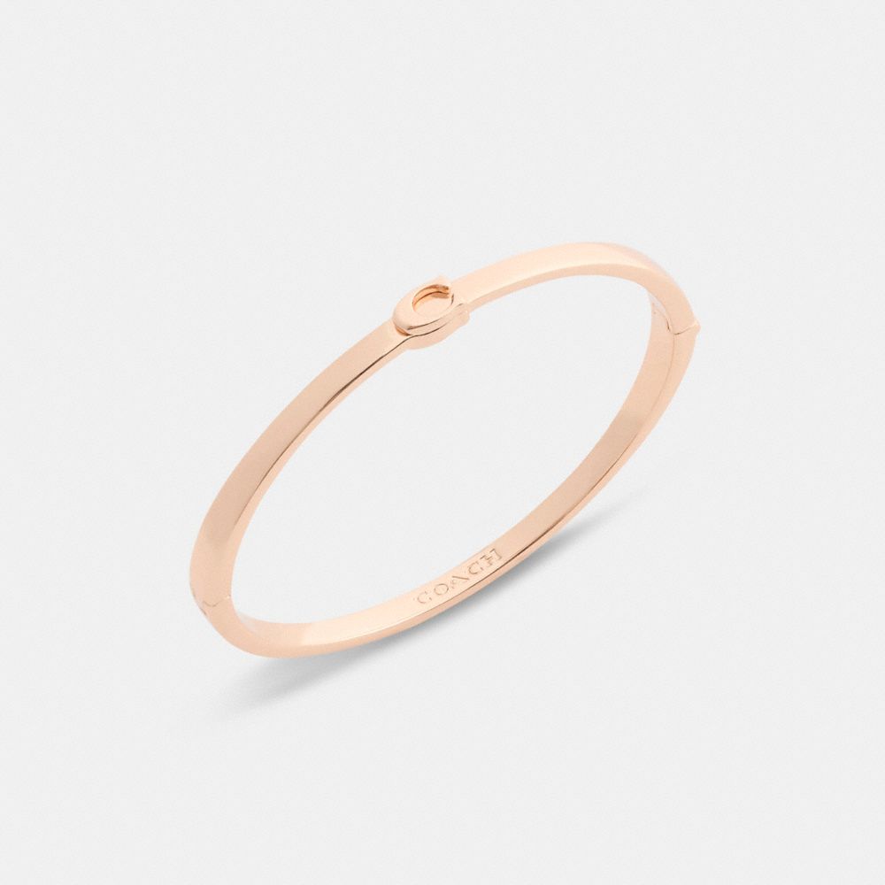 COACH®,Thin Signature Hinged Bangle,Cubic Zirconia,Logo,Lettering Word,Initials Embellishment,Rose Gold Plated,Brass,Work,...,,Inside View,Top View