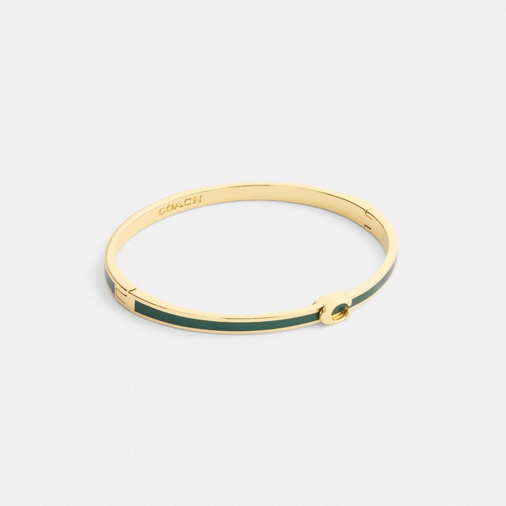 COACH®,Thin Enamel Signature Hinged Bangle,Cubic Zirconia,Enamel,Logo,Lettering Word,Initials Embellishment,Brass,Work,Casual,Green,Front View