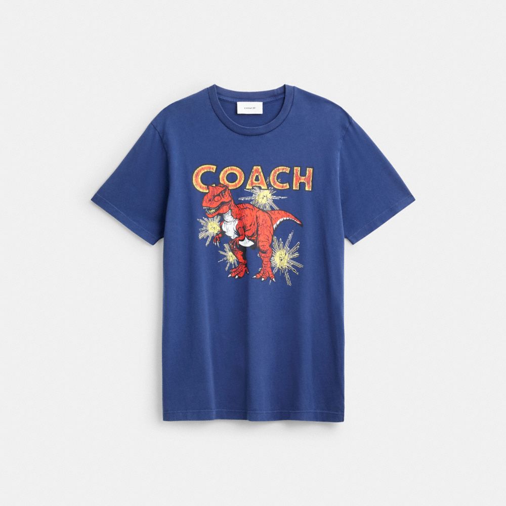 COACH®,Garment Washed Dinosaur T-Shirt In Organic Cotton,Organic Cotton,T Shirt,Logo,Casual,Blue,Front View