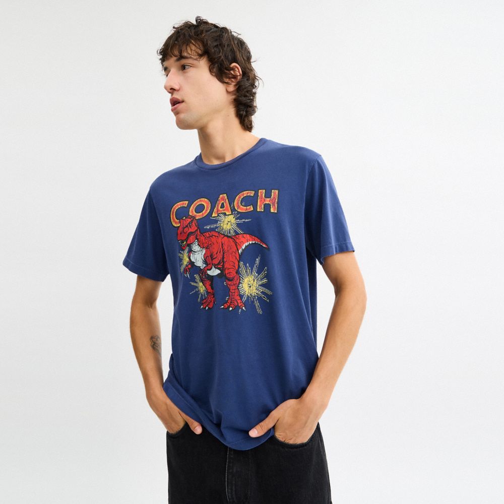 COACH®,Garment Washed Dinosaur T-Shirt In Organic Cotton,Organic Cotton,T Shirt,Logo,Casual,Blue,Scale View