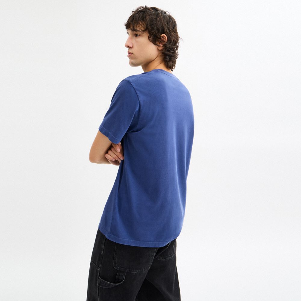 COACH®,Garment Washed Dinosaur T-Shirt In Organic Cotton,Organic Cotton,T Shirt,Logo,Casual,Blue,Scale View