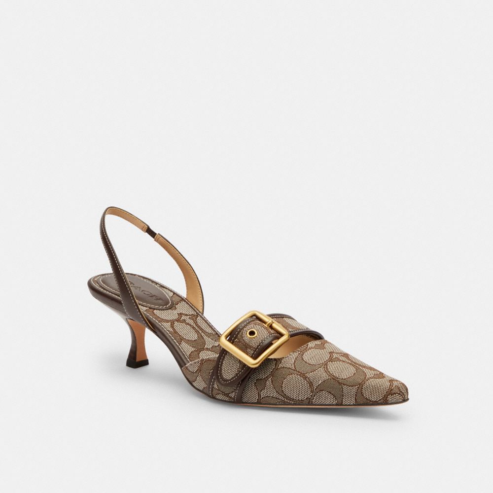 COACH®,Margot Slingback In Signature Jacquard,Recycled Polyester,Cotton,Recycled Cotton,Leather,Lining Leather,Lining Recy...,Brown,Front View