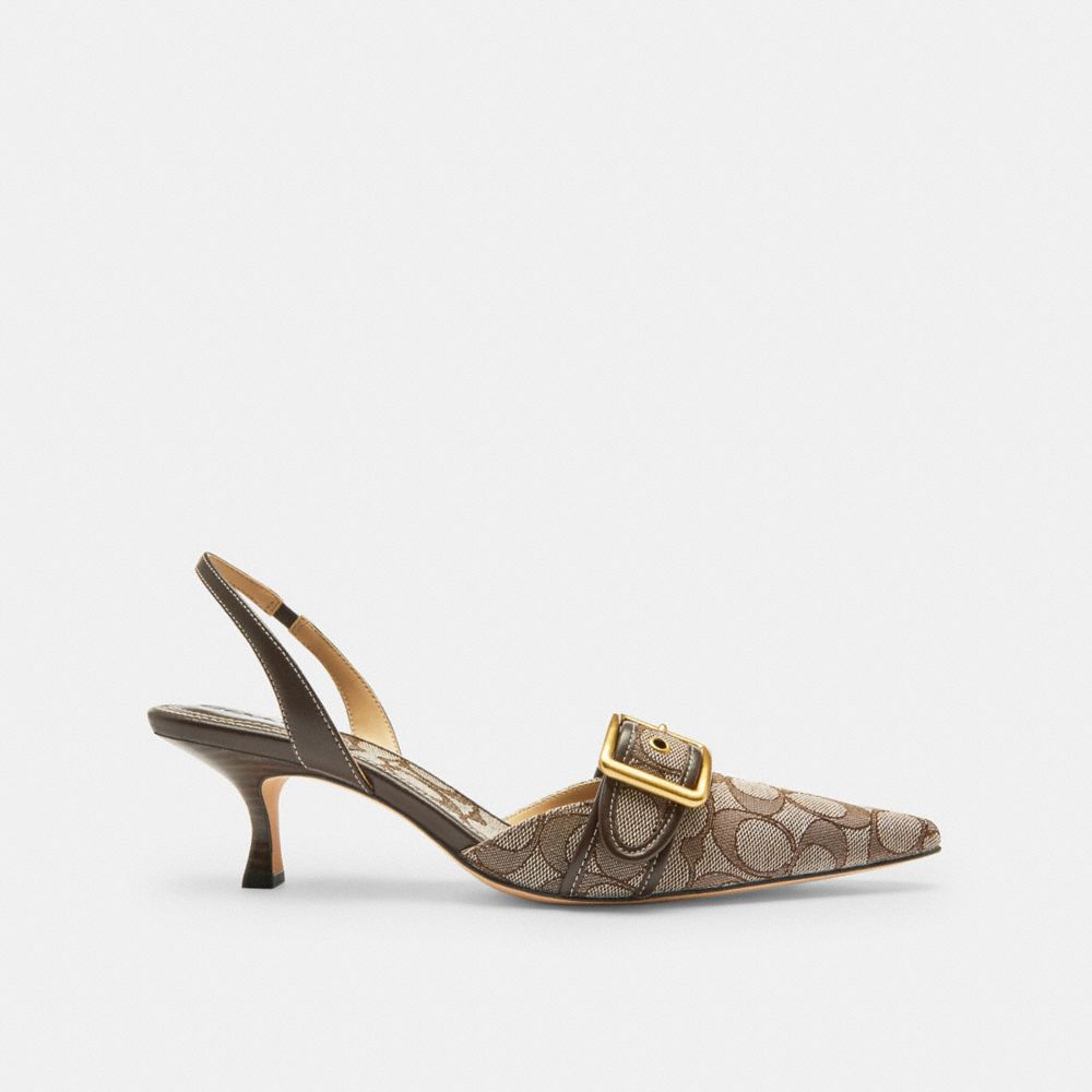 COACH®,Margot Slingback In Signature Jacquard,Recycled Polyester,Cotton,Recycled Cotton,Leather,Lining Leather,Lining Recy...,Brown,Angle View
