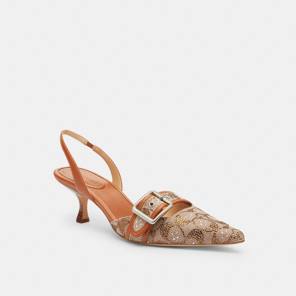 COACH®,Margot Slingback In Crystal Signature Jacquard,Leather,Recycled Polyester,Cotton,Pumps,Crystal,Fabric,Piping,Rhines...,Brown,Front View