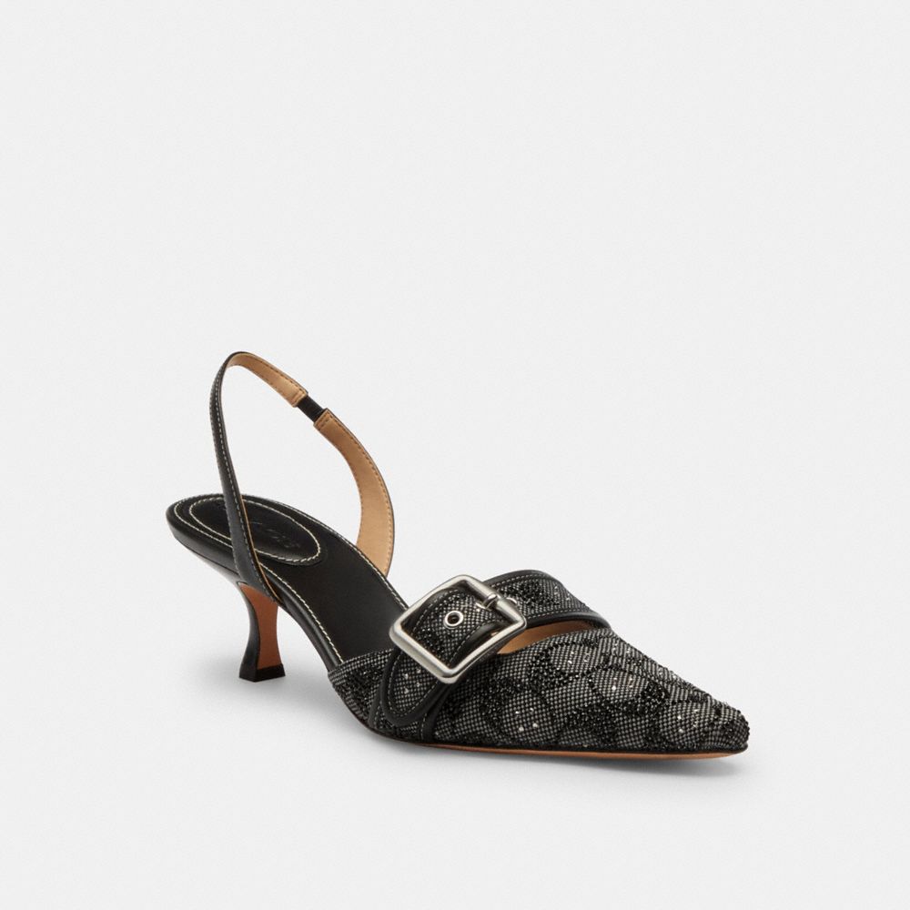 COACH®,Margot Slingback In Crystal Signature Jacquard,Leather,Recycled Polyester,Cotton,Pumps,Crystal,Fabric,Piping,Rhines...,Black,Front View