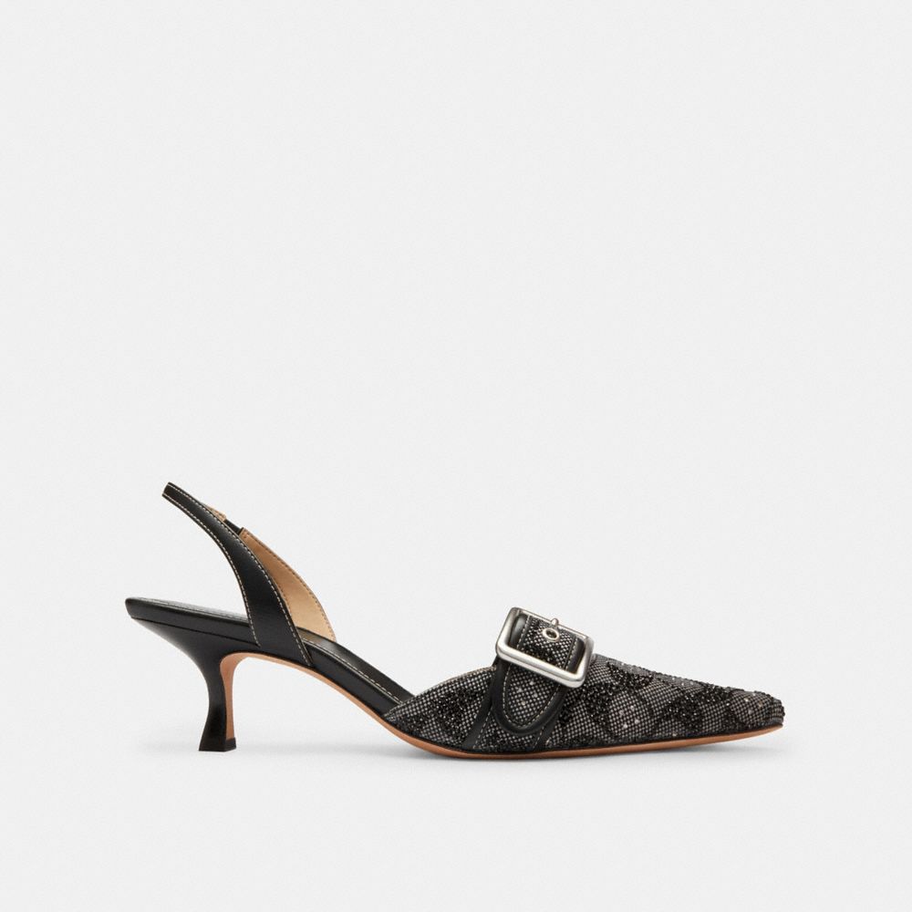 COACH®,Margot Slingback In Crystal Signature Jacquard,Leather,Recycled Polyester,Cotton,Pumps,Crystal,Fabric,Piping,Rhines...,Black,Angle View