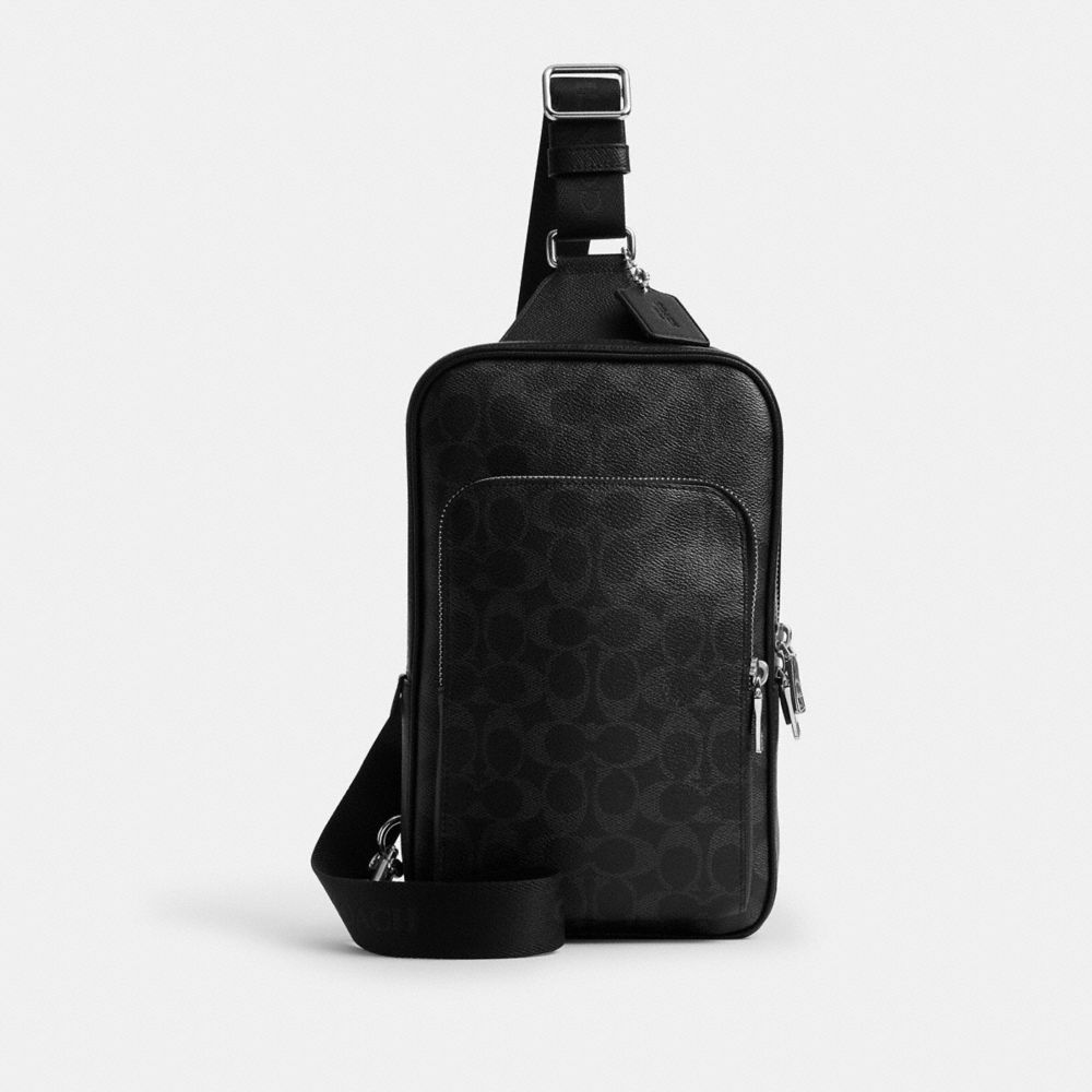 COACH®,Felix Sling Bag In Signature Canvas,Canvas,Fabric,Leather,Mesh,Slingback,Logo,Pattern,Adjustable,Compact,Lined,Brea...,Black,Front View