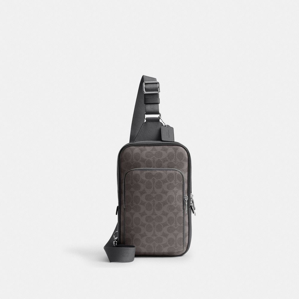 COACH®,Felix Sling Bag In Signature Canvas,Canvas,Fabric,Leather,Mesh,Slingback,Logo,Pattern,Adjustable,Compact,Lined,Brea...,Gray,Front View