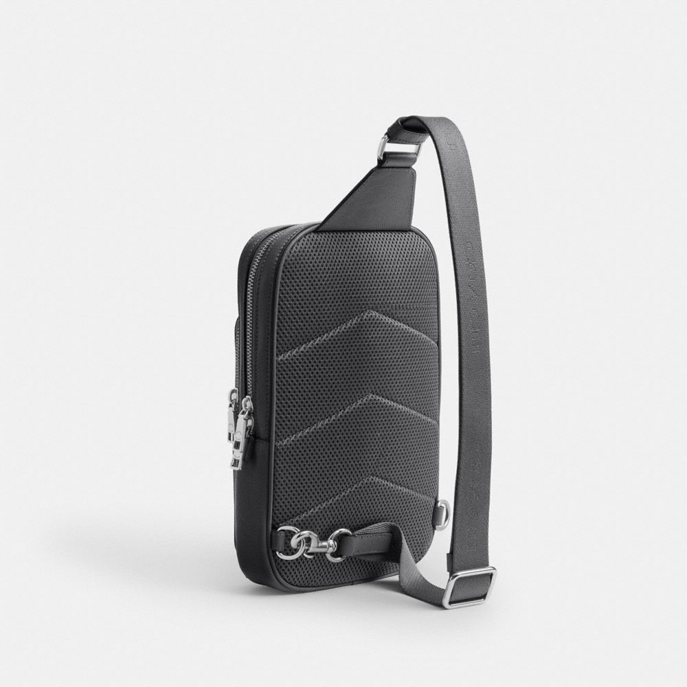 COACH®,Felix Sling Bag In Signature Canvas,Canvas,Fabric,Leather,Mesh,Slingback,Logo,Pattern,Adjustable,Compact,Lined,Brea...,Gray,Angle View