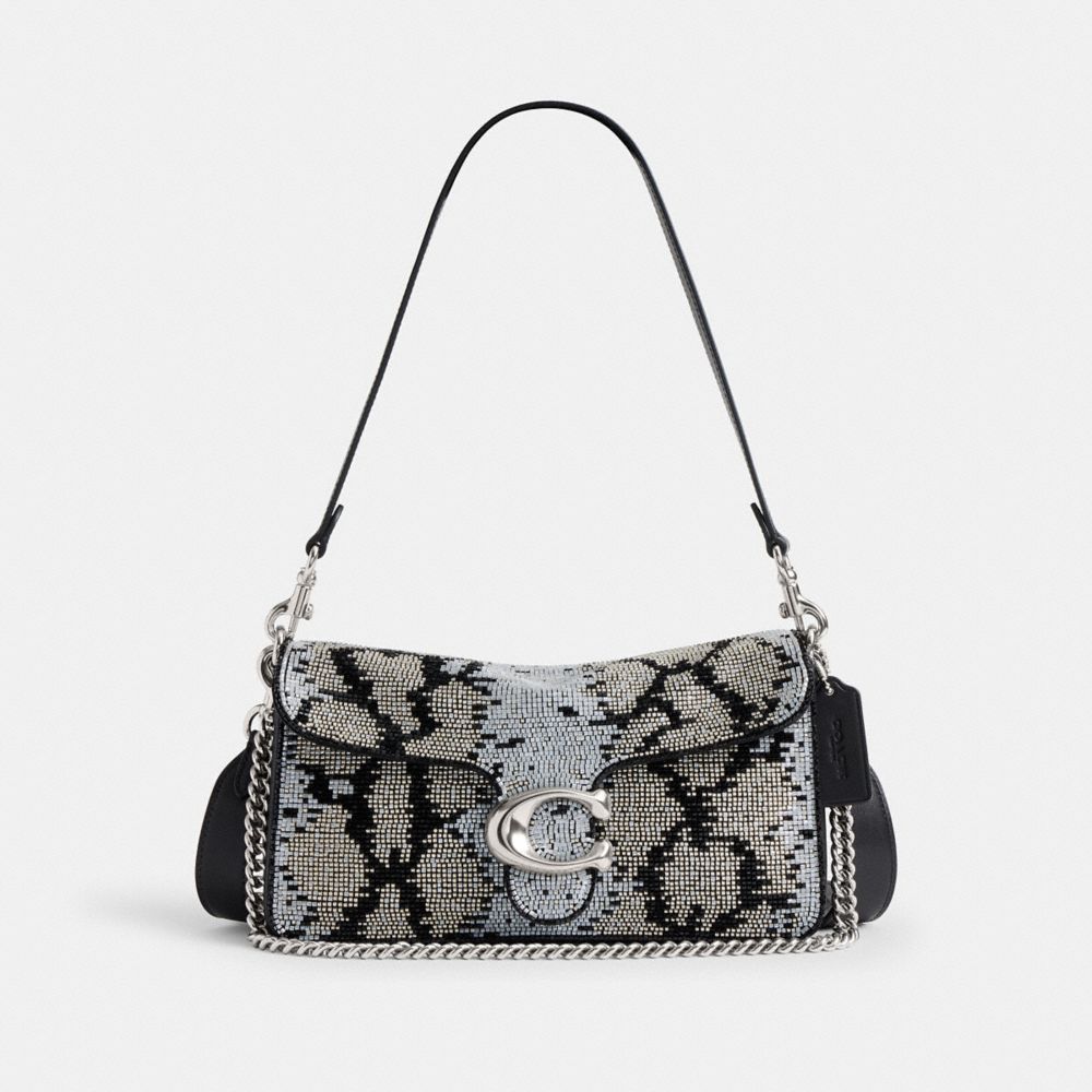 COACH®,Tabby Shoulder Bag 26 With Beaded Snake,Lining Leather,Lining Satin,Satin,Leather,Shoulder Bag,Beaded,Crystal,Logo,...,Multi Color,Front View