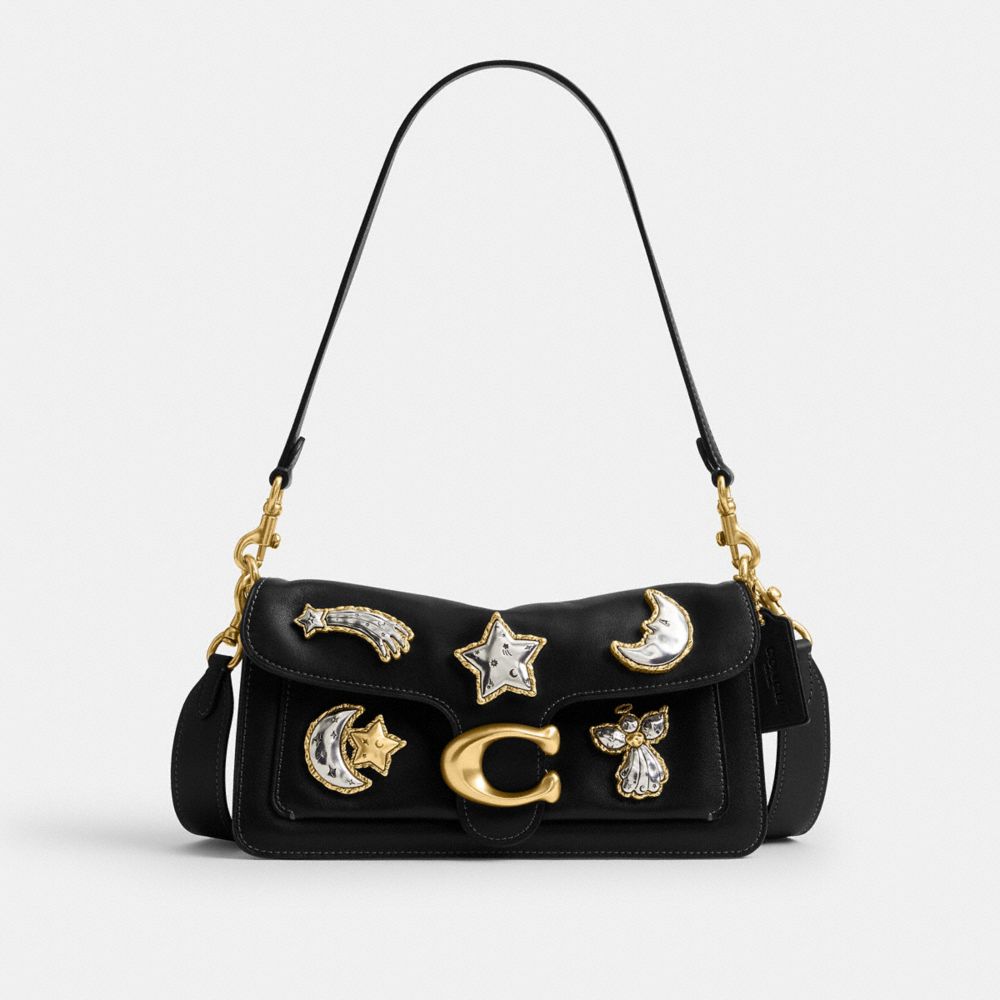 COACH®,Tabby Shoulder Bag 26 With Pins,Leather,Shoulder Bag,Logo,Metal,Adjustable,Compact,Brass,Day Party,Black,Front View