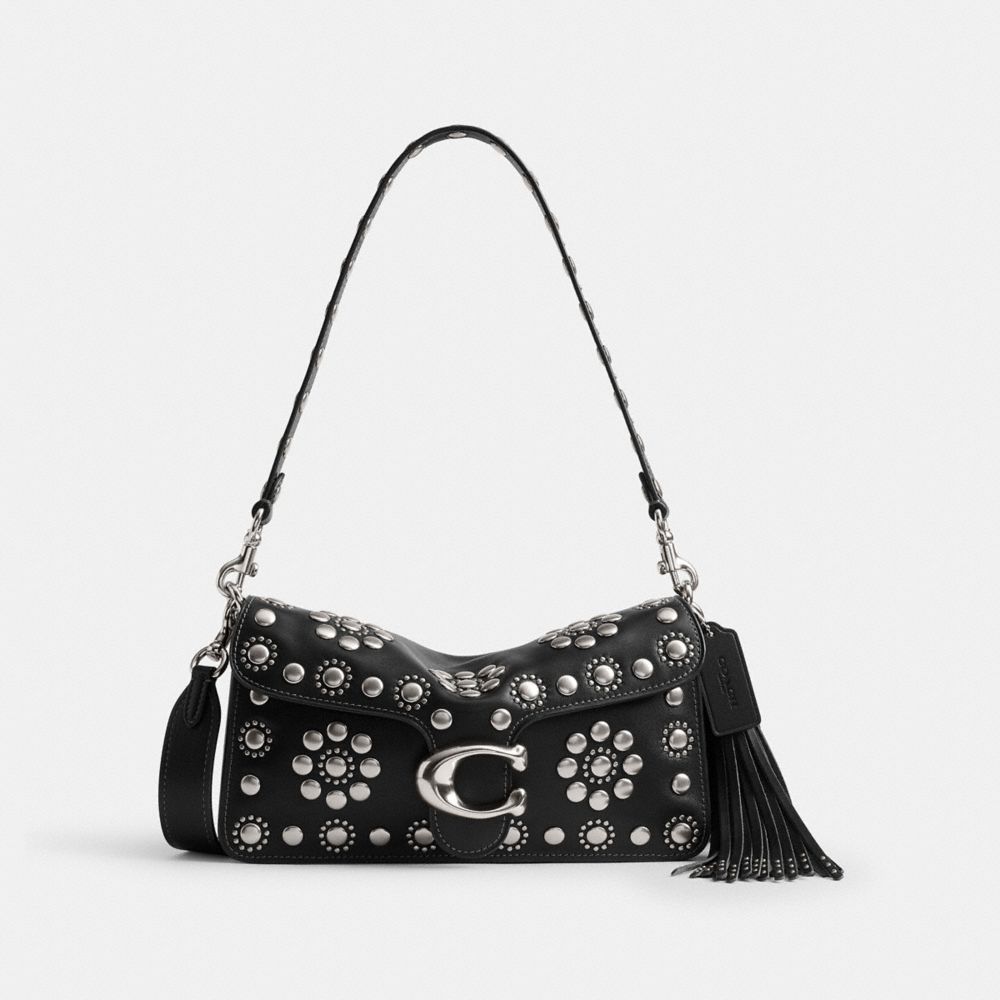 COACH®,Tabby Shoulder Bag 26 With Western Rivets,Leather,Hobo,Metal,Logo,Studded,Fringe,Embellished,Compact,Silver Metal,D...,Black,Front View