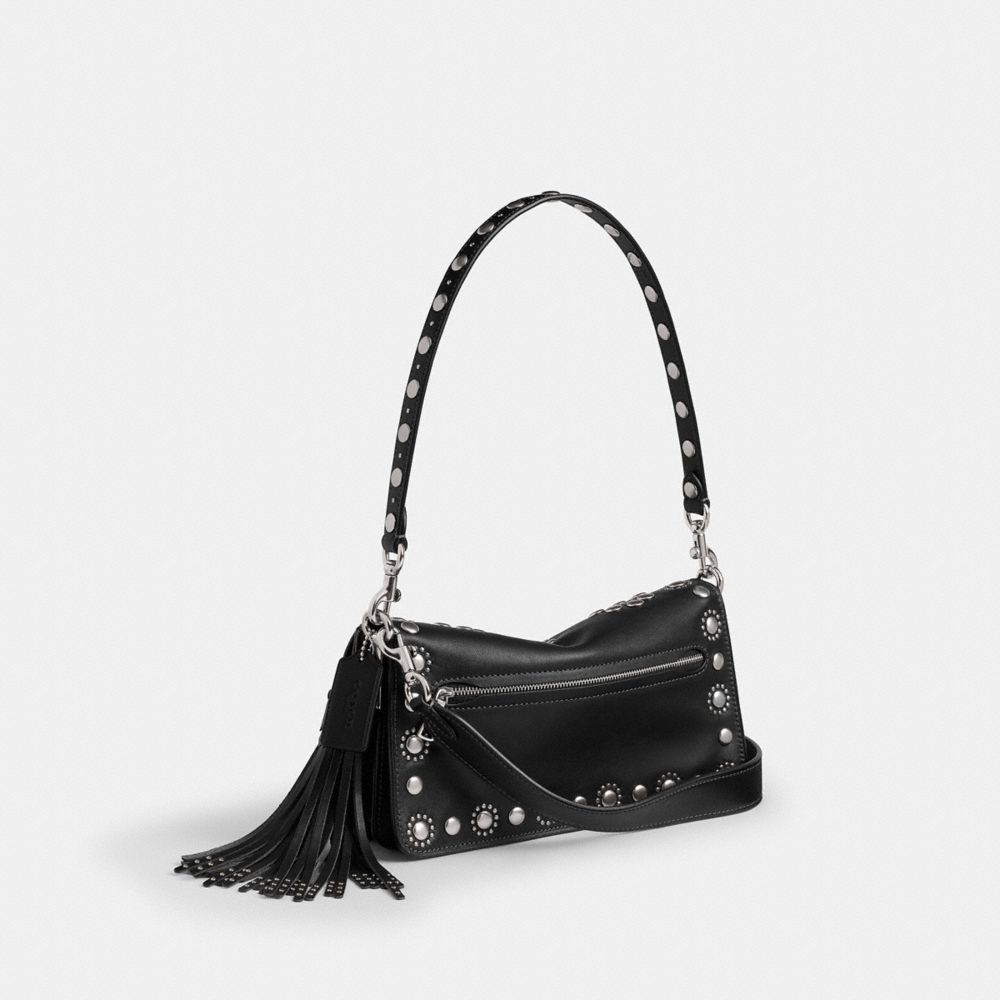 COACH®,Tabby Shoulder Bag 26 With Western Rivets,Leather,Hobo,Metal,Logo,Studded,Fringe,Embellished,Compact,Silver Metal,D...,Black,Angle View