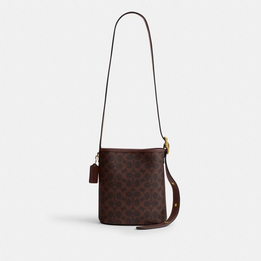 COACH®,Bleecker Bucket Bag 21 In Signature Canvas,Leather,Canvas,Bucket,Logo,Adjustable,Removable Pouch,Brass,Casual,Brown,Front View