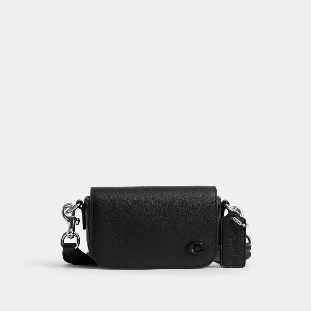 COACH®,Flap Crossbody Bag,Leather,Crossbody,Metal,Logo,Compact,Casual,Black,Front View