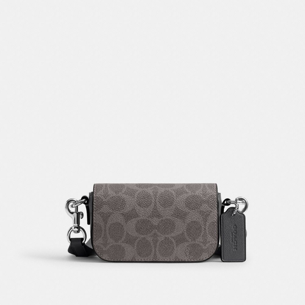 COACH®,Flap Crossbody Bag In Signature Canvas,Leather,Canvas,Crossbody,Logo,Compact,Casual,Gray,Front View