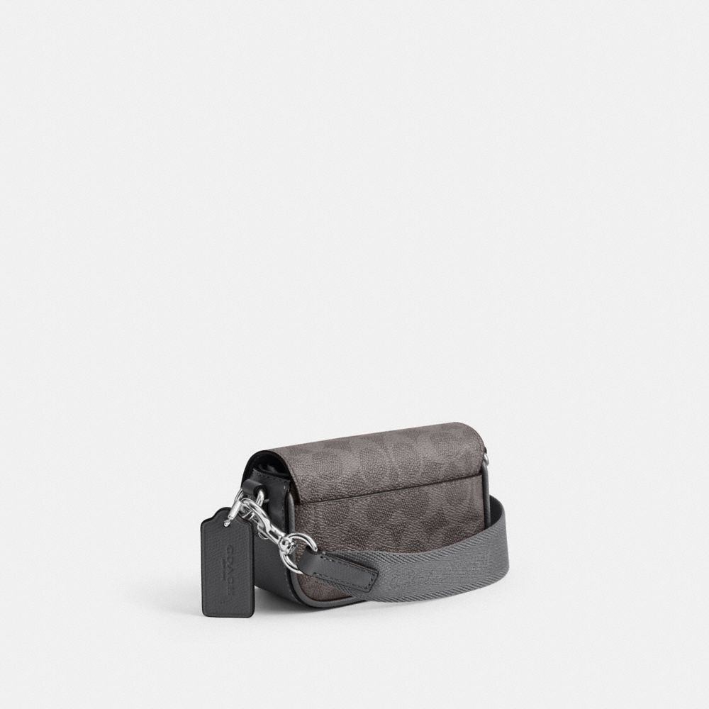 COACH®,Flap Crossbody Bag In Signature Canvas,Leather,Canvas,Crossbody,Logo,Compact,Casual,Gray,Angle View