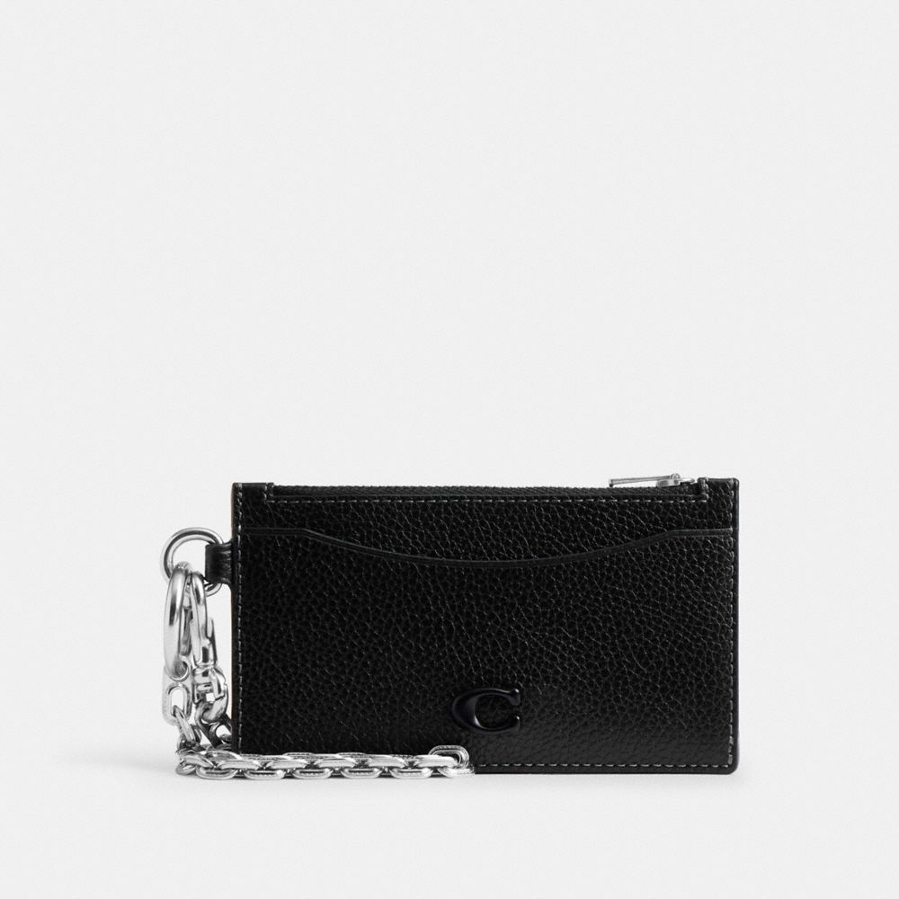 COACH®,Zip Card Case With Chain,Black,Front View