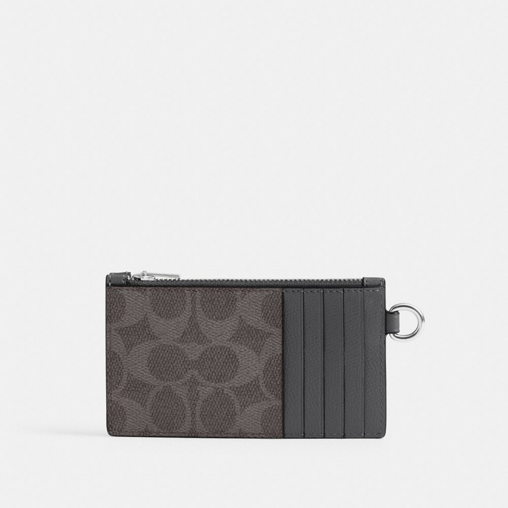 COACH®,Zip Card Case With Chain In Signature Canvas,Gray,Back View