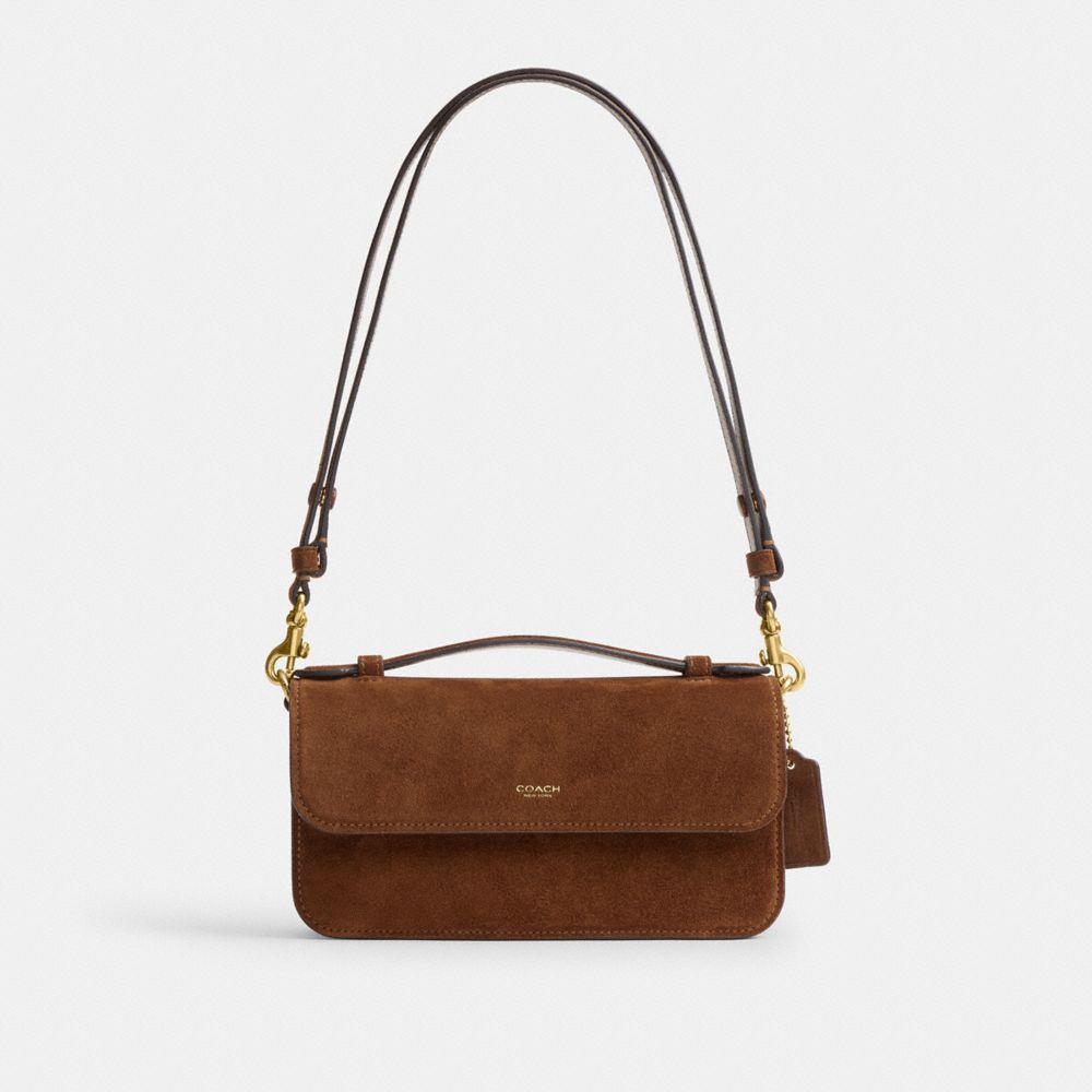 COACH®,Elora Top Handle Crossbody Bag,Suede,Calfskin Leather,Leather,Shoulder Bag,Adjustable,Compact,Lined,Brass,Day Party,Brown,Front View