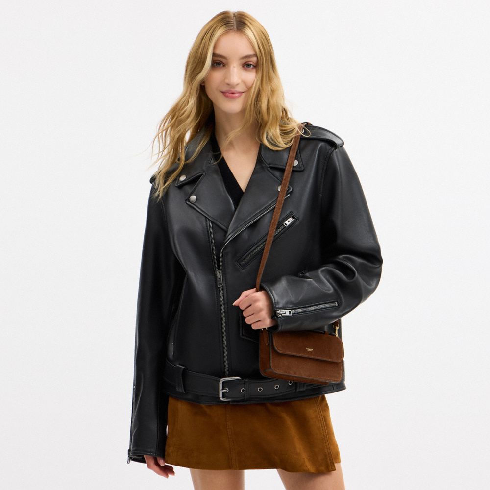 COACH®,Elora Top Handle Crossbody Bag,Suede,Calfskin Leather,Leather,Shoulder Bag,Adjustable,Compact,Lined,Brass,Day Party,Brown,Detail View