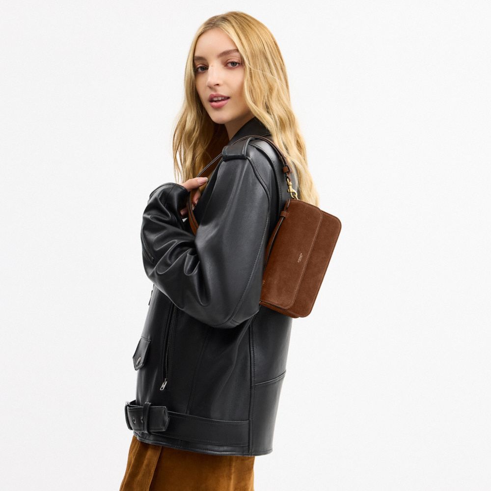 COACH®,Elora Top Handle Crossbody Bag,Suede,Calfskin Leather,Leather,Shoulder Bag,Adjustable,Compact,Lined,Brass,Day Party,Brown,Detail View