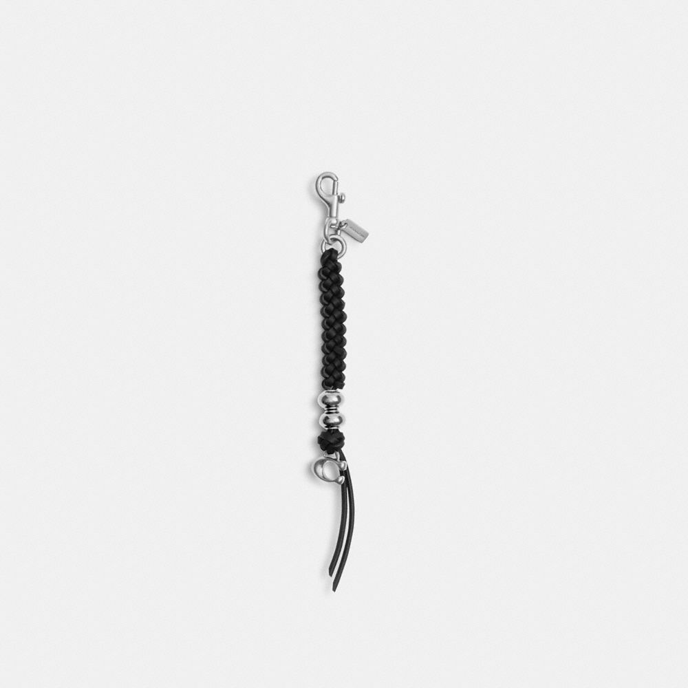 COACH®,Braided Bag Charm,Bag Charm,Beaded,Bead Embellishment,Logo,Metal,Braided,Silver Metal,Black,Front View