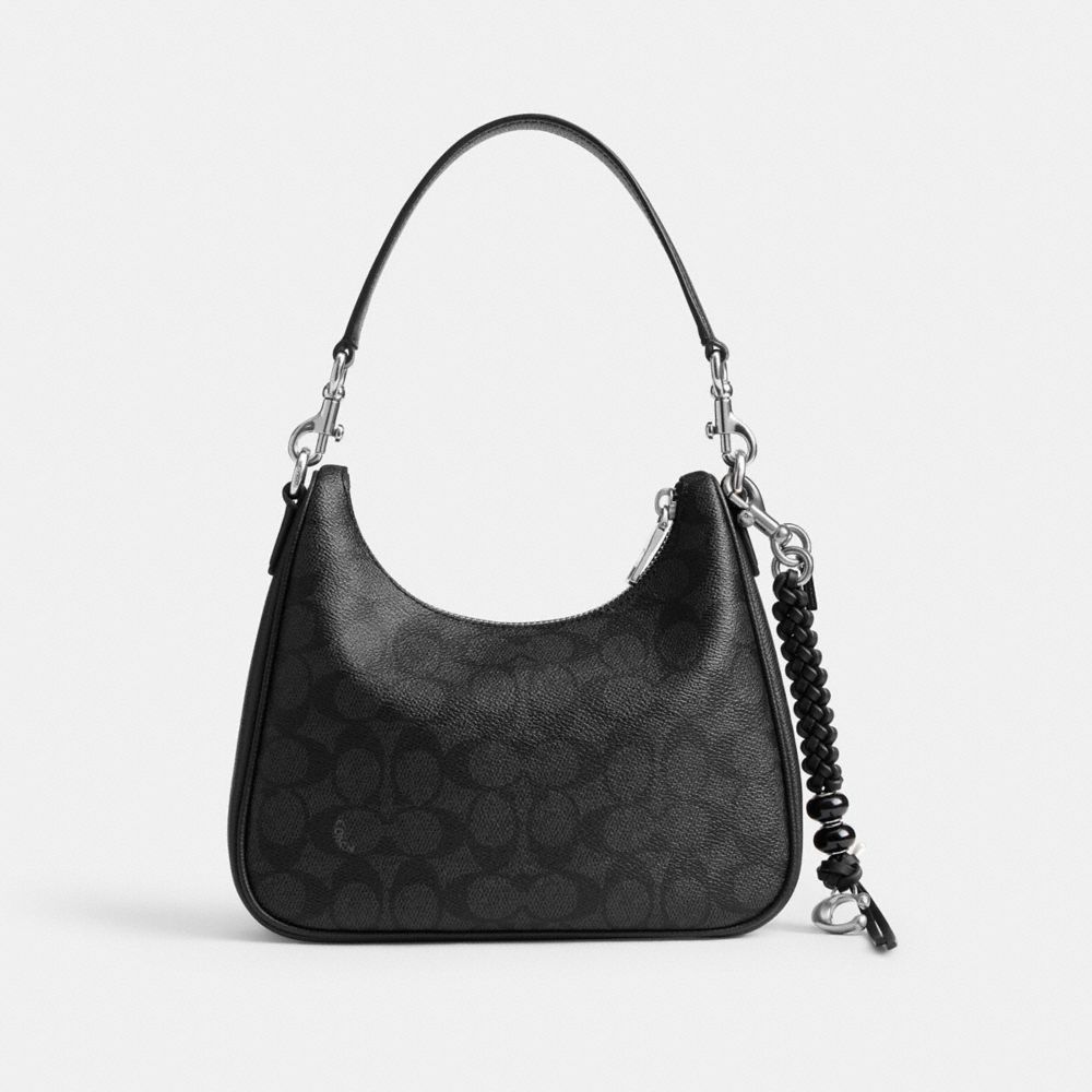 COACH®,Braided Bag Charm,Bag Charm,Beaded,Bead Embellishment,Logo,Metal,Braided,Silver Metal,Black,Angle View