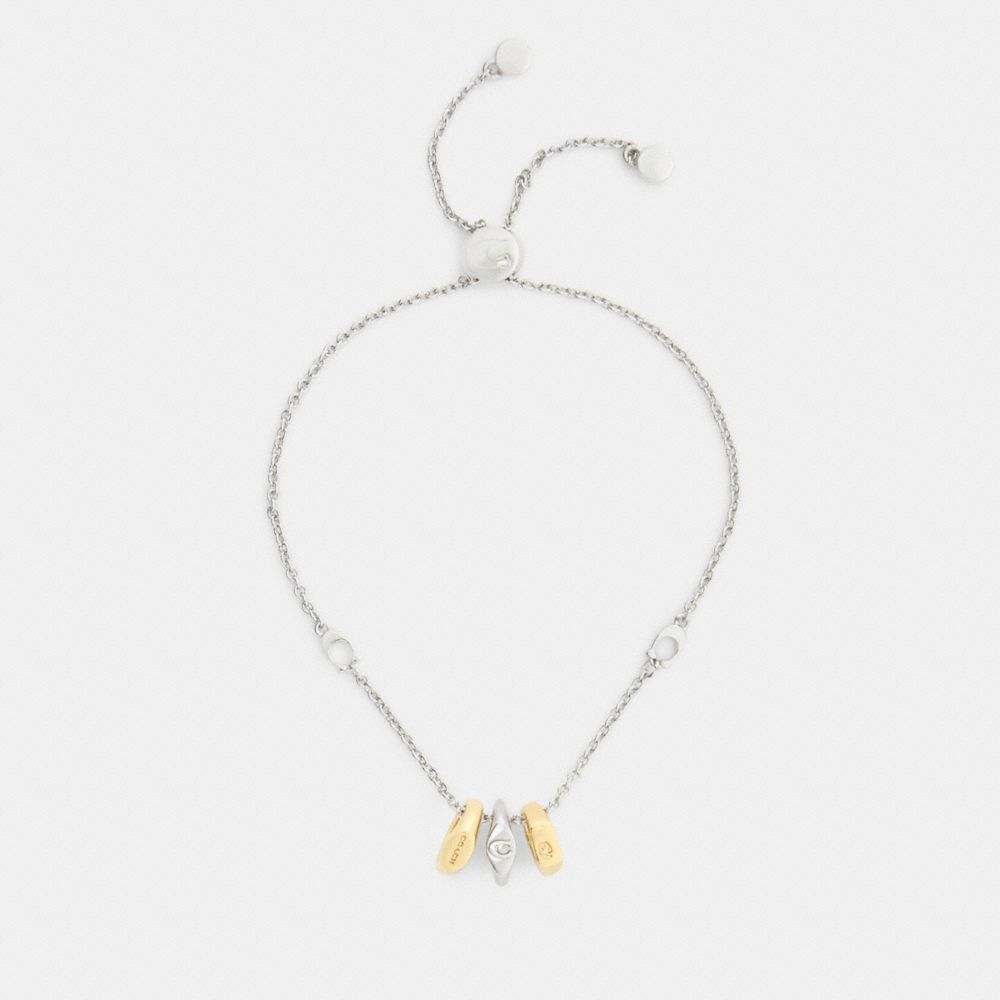 COACH®,Signet Slider Bracelet,Cubic Zirconia,Chain Link,Logo,Brass,Gold Plated,Silver Plated,Casual,,Inside View,Top View