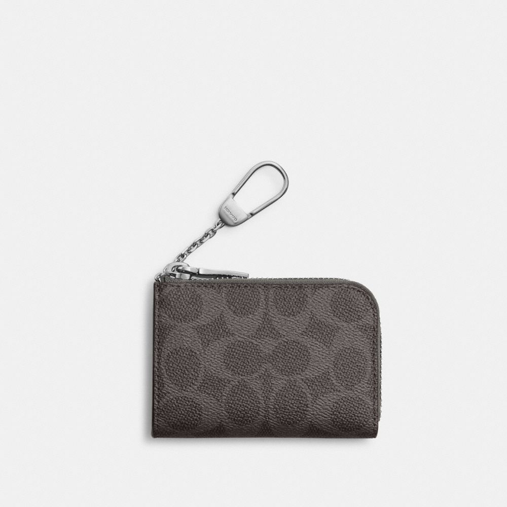 COACH®,L-Zip Key Case In Signature Canvas,Leather,Canvas,Coin,Logo,Key Ring,Scratch Resistant,Casual,Gray,Front View