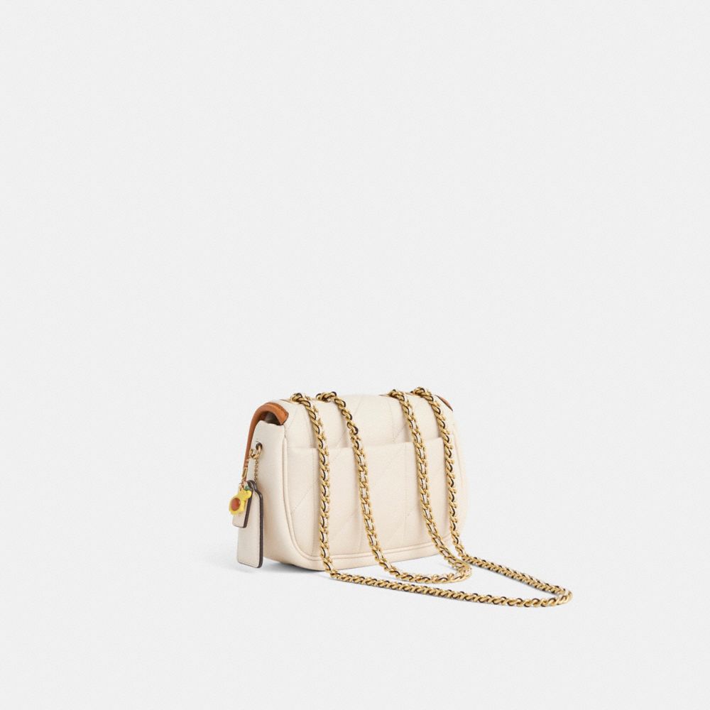 COACH®,Upcrafted Pillow Madison Shoulder Bag 18 With Quilting,Leather,Saddle Bag,Chain Detail,Logo,Metal,Piping,Brass,Day ...,Cream,Angle View