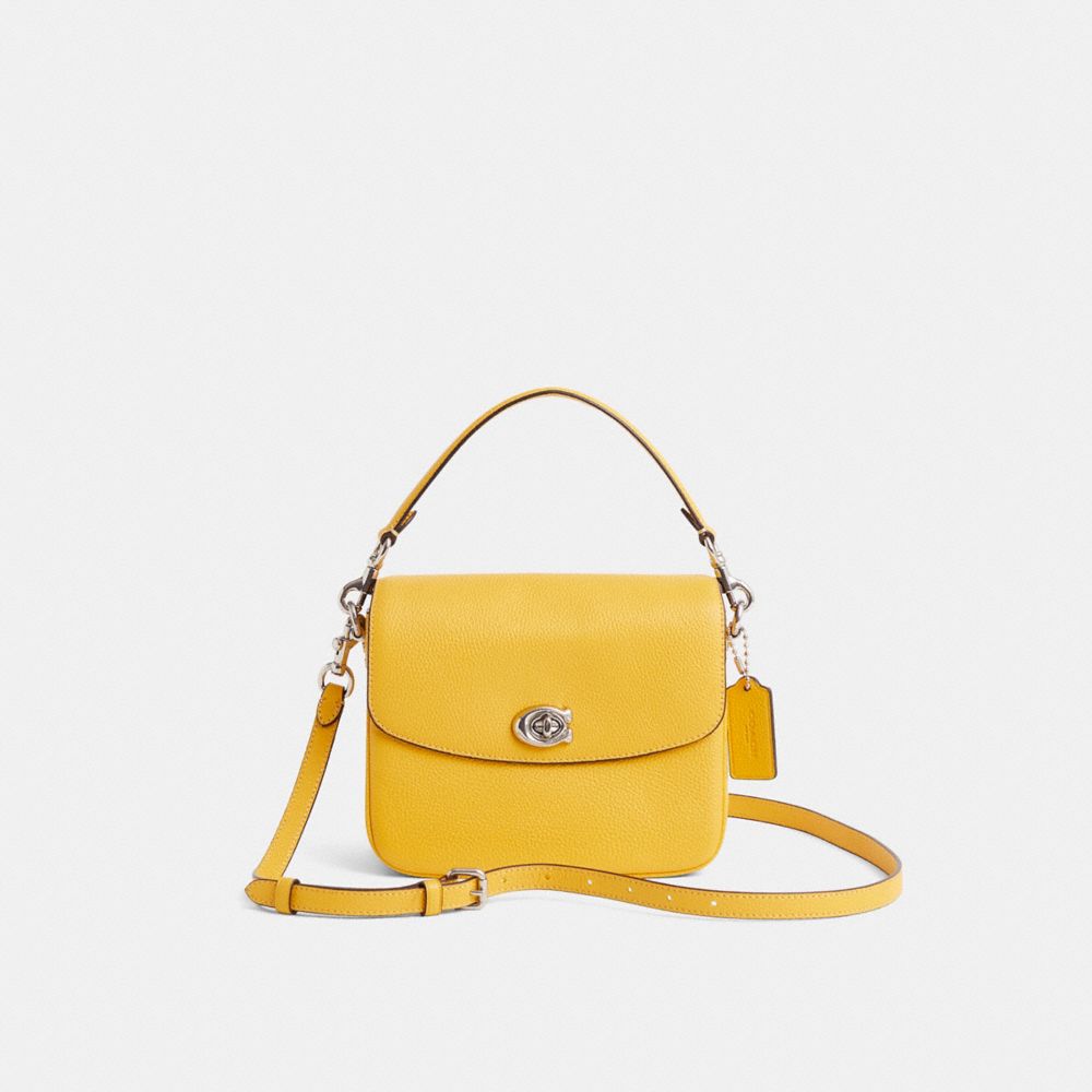 COACH®,Restored Cassie Crossbody 19,Leather,Crossbody,Metal,Logo,Chain Detail,Compact,Gold Metal,Day Party,Mustard,Front View