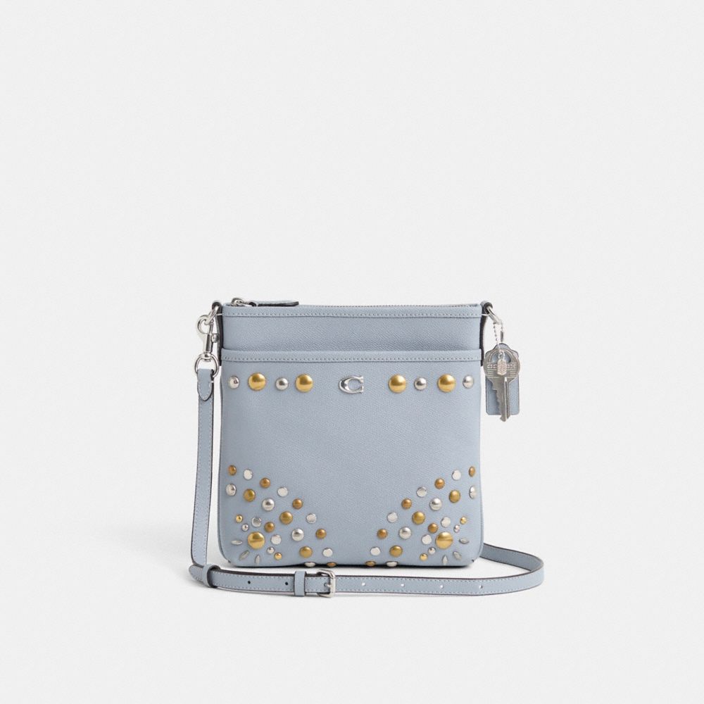 COACH®,Upcrafted Kitt Messenger Crossbody,Crossbody,Metal,Logo,Studded,Mixed Metal,Casual,Blue,Front View